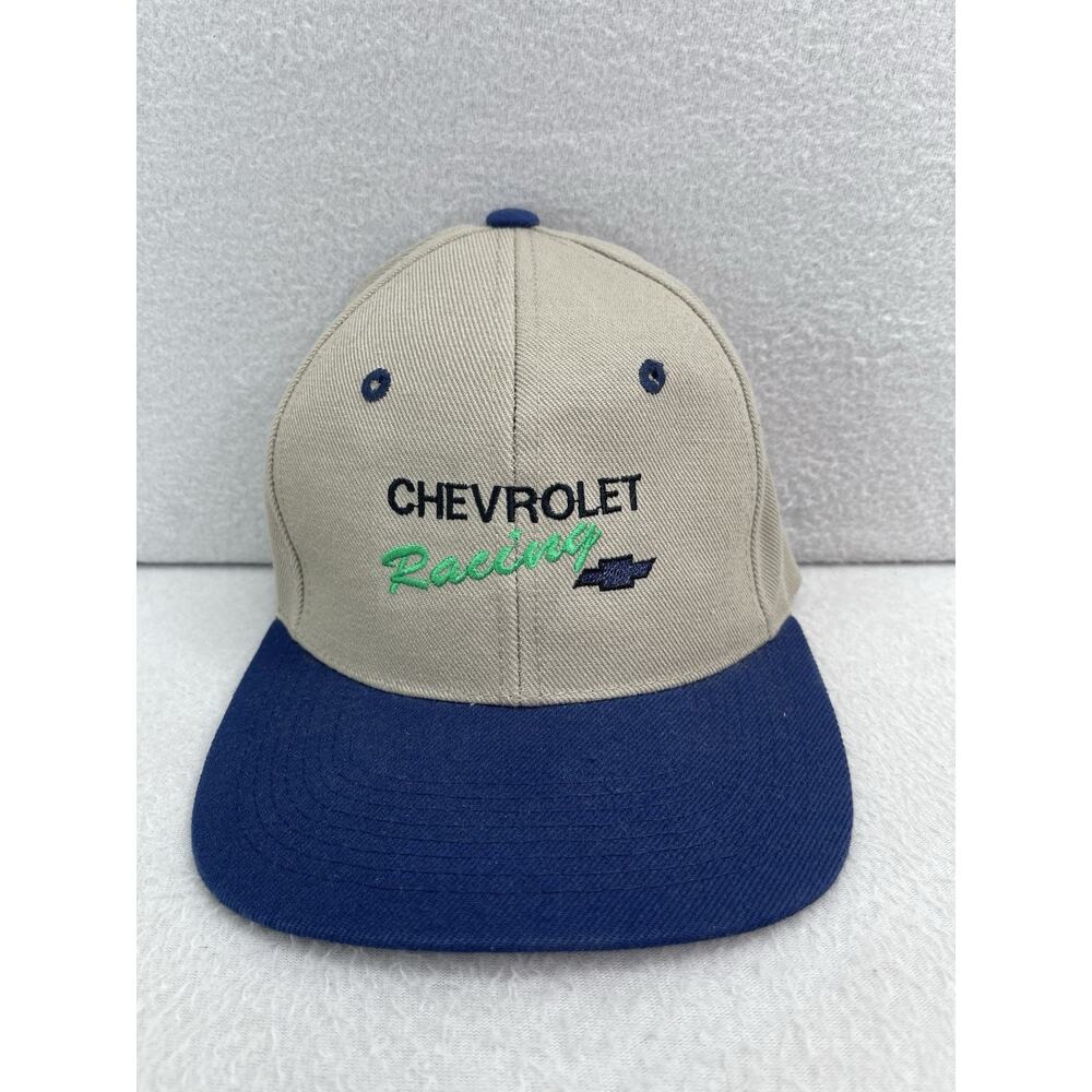 Vintage Chevrolet Racing Snapback Hat Cap Chevy Logo Blue Beige Embroidered